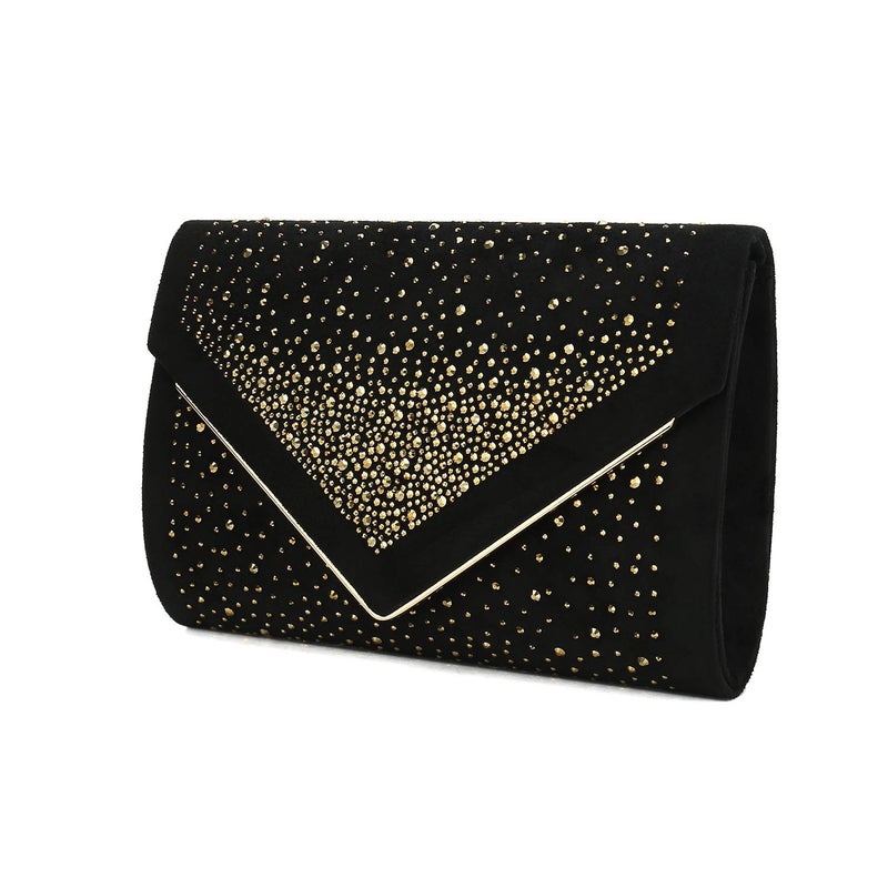 CHARMING TAILOR Envelope Purse Formal Faux Suede Clutch Rhinestone Evening Bag for Women Party Handbag (Black/gold) - Image 2